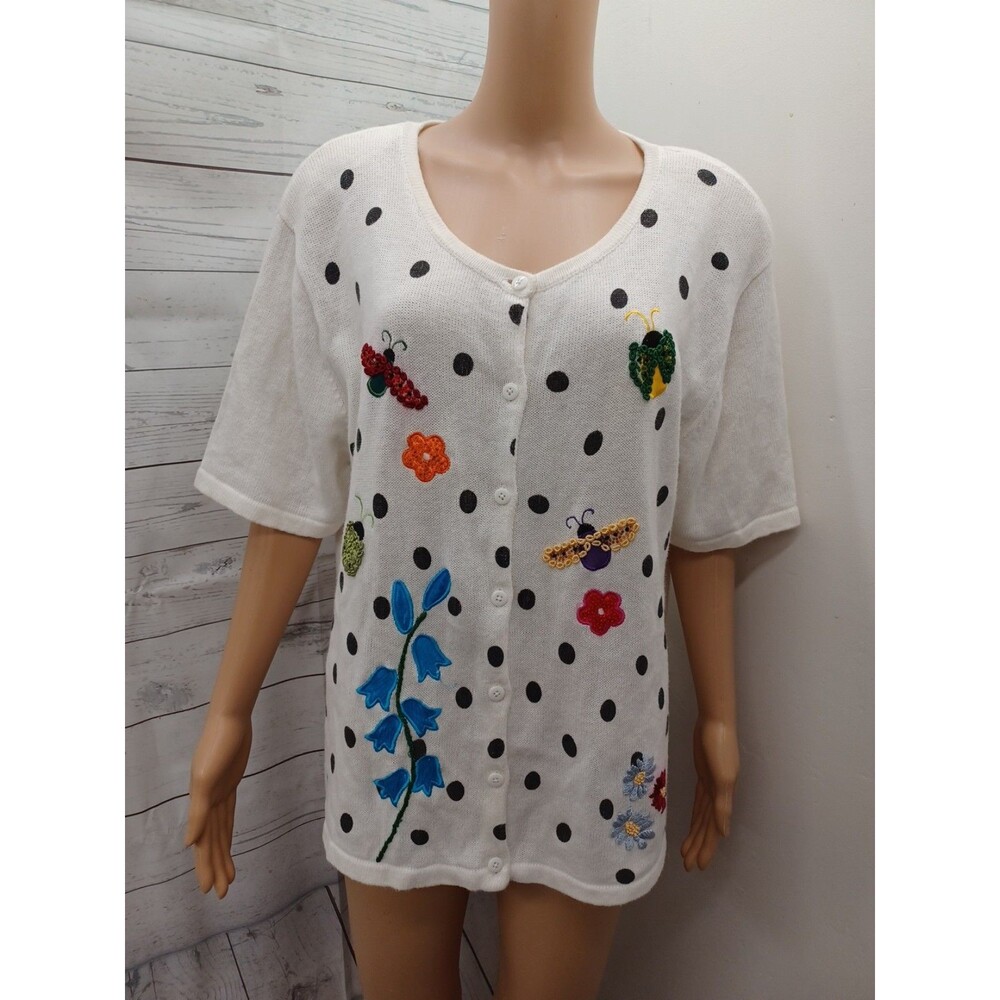 Great Cavalier Womens White Cardigan Sweater Embellished Embroidery Applique L